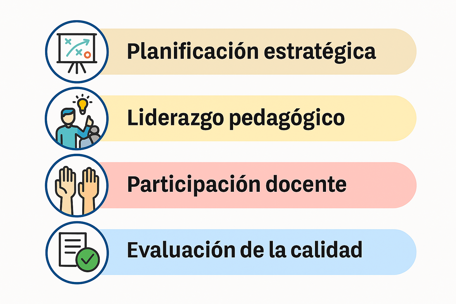 diagrama conceptual que represente categorías emergentes en educación: planificación estratégica, liderazgo pedagógico, participación docente y evaluación de la calidad